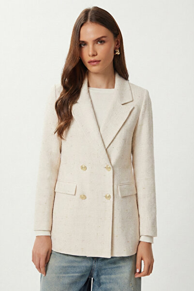 Lovelyİstanbul Double-Breasted Shoulder Pad Piece Tweed Blazer Jacket Lxa0030 Cream