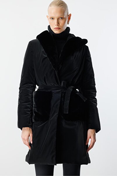 Moda İlgi Modailgi Yakası Kürklü Torba Cepli Nova Kumaş Şişme Kaban Siyah