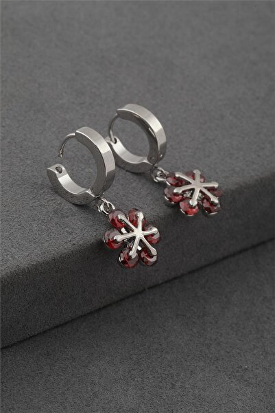 Pazarois أقراط فضية اللون من الفولاذ مع شكل زهرة من الحجر الأحمر