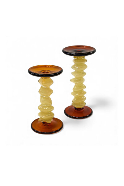 Mioletti İthal Krem Kahve Cam Şamdan Mumluk Set