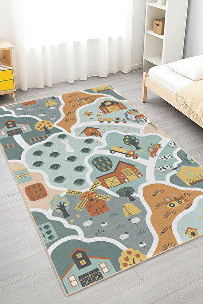 Realhomes Canlı Renklerle Çiftlik Temalı Yıkanabilir Dikdörtgen Çocuk Odası H...