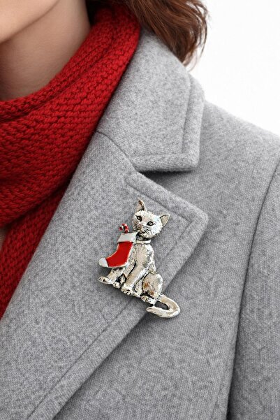 New Obsessions Antik Gümüş Yılbaşı Kedisi Broş Yaka İğnesi