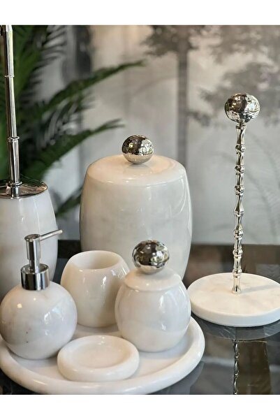 ege gross Dekoratif Beyaz OVAL Mermer Banyo Seti Takımı 8 Li Aksesuar Detaylı...