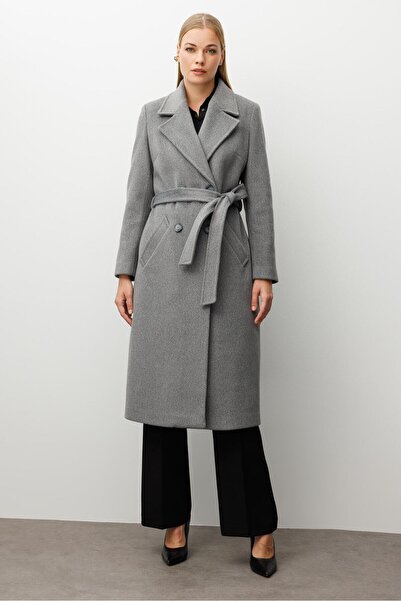 Moda İlgi Modailgi Kuşaklı Kruvaze Dört Düğmeli Kaban Gri