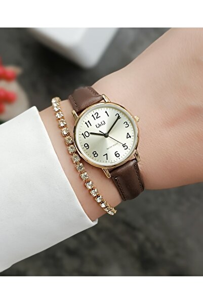 Q&Q Orjinal 2 Yıl Garantili Deri Kayışlı Gold Kasa Kadın Kol Saati+Bileklik Hediyeli