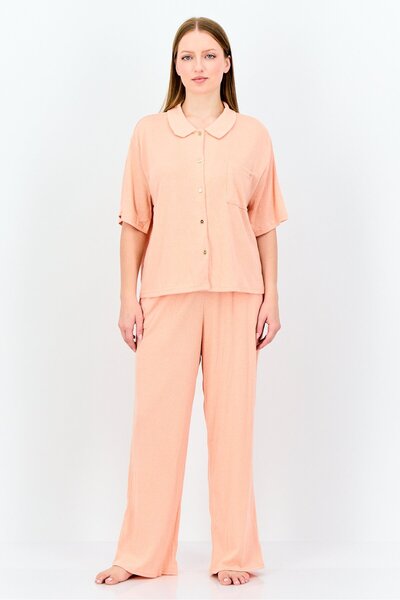 JASON WU Women 2 Piece Textured Pyjama Top And Bottom Set, Peach