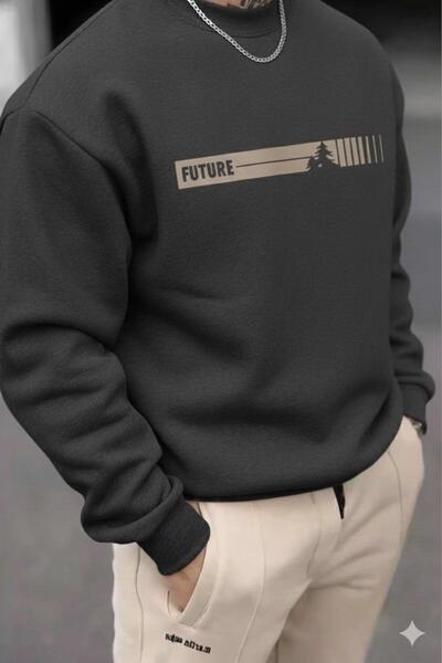 CAST COLLECTİON سويت شيرت رجالي من أنثراسايت فيوتشر مطبوع برقبة دائرية