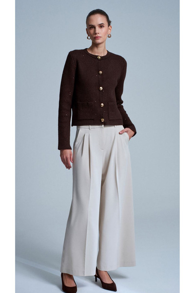 TUĞBALİ Women's Brown Pocket Detailed Sequin Glittery Glittery Knitwear Cardigan