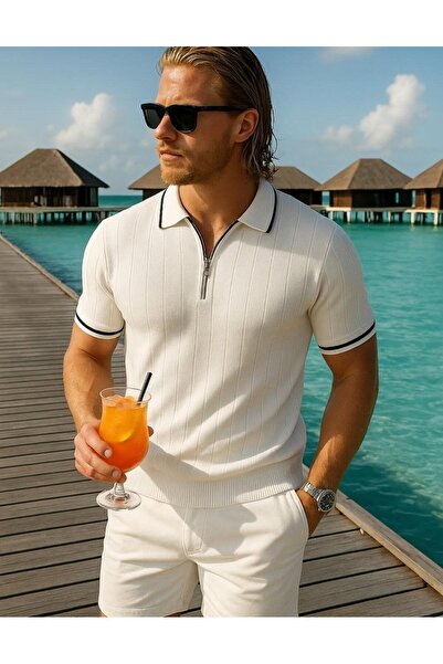 WE AND ME Men's Summer Zip-Up Polo Neck Thin Knit T-Shirt