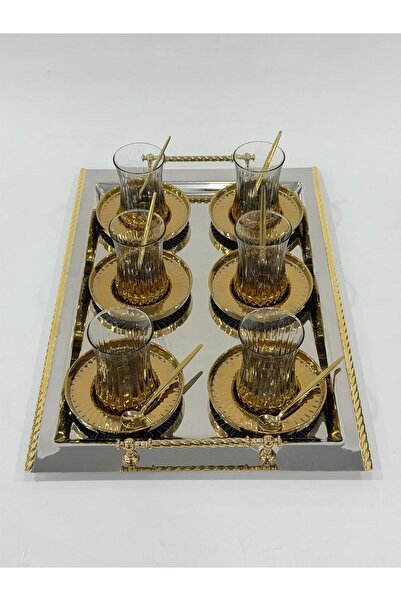isra kristal Luxury Gold Tray Tea Set - Modern Tea Set - Tray and 6 Cups - Saucer - Spoon - 170 ml