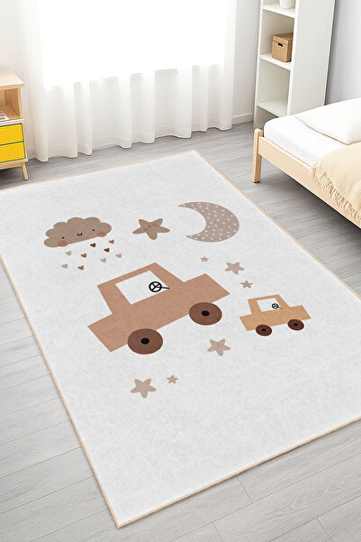 Realhomes Şirin Araç Desenli Yıkanabilir Dikdörtgen Çocuk Odası Halısı