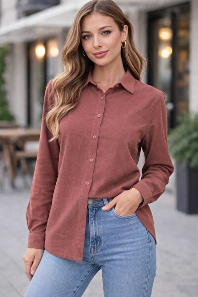 Nuevo Gül Kurusu Fitilli Kadife Gömlek – Uzun Kollu, Düğmeli, Kadın Kadife Gömlek
