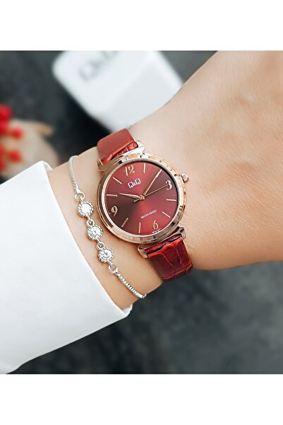 Q&Q Orjinal 2 Yıl Garantili Deri Kayışlı Rose Kasa Kadın Kol Saati Bileklik Hediyeli