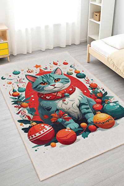 Realhomes Güzel Kedi Desenli Yıkanabilir Dikdörtgen Çocuk Odası Halısı