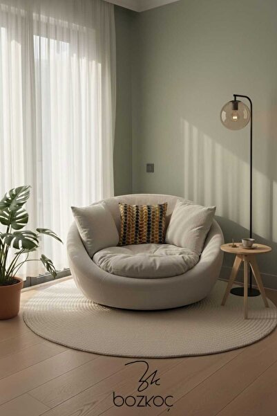 BOZKOÇ Pati Dostu Ruby Yuvarlak 360° Döner Berjer Kadife Tekli Koltuk Modern Konforlu