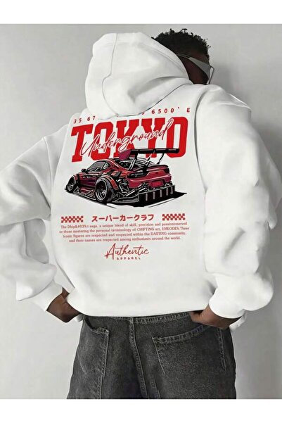 VevaBella Tokyo Drift Araba Figürü Baskılı Unisex Hoodie Rahat Kesim
