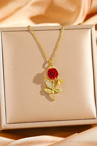 Parantez Aksesuar Zirkon Taşlı Yaprak Detaylı Kırmızı Gül Çelik Kolye