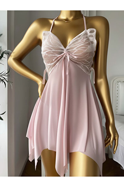 Nightlight Pembe Kelebek Nakışlı Şifon Gecelik - Sırt Dekolteli Fantazi Babydoll Takımı - LB-196
