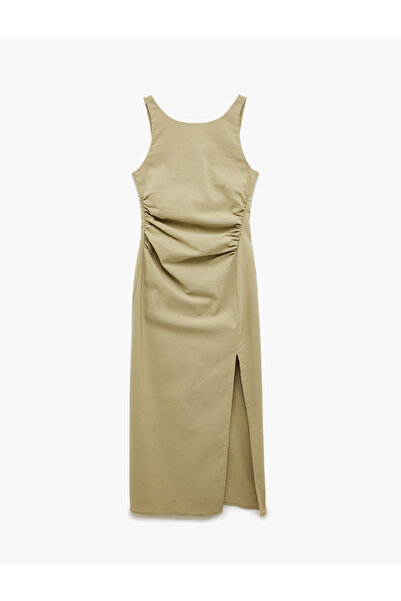 Koton Slim Fit Kolsuz Yuvarlak Yaka Yırtmaçlı Askılı Midi Boy Elbise