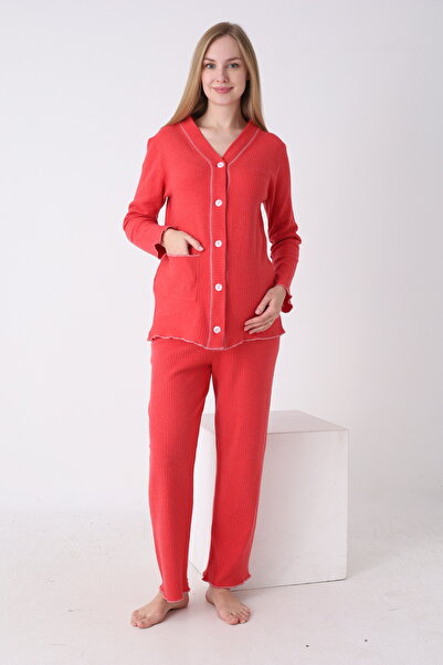 JENİKA Front Buttoned Comfortable Fit Adjustable Waist Sleeve and Leg Ruffle Detailed Maternity Pajama Set