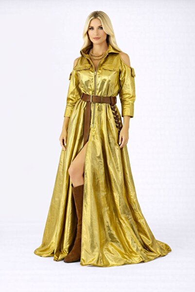 ALYEL NAKER Front Zippered & Off-The-Shoulder Maxi Length Special Design Taff...