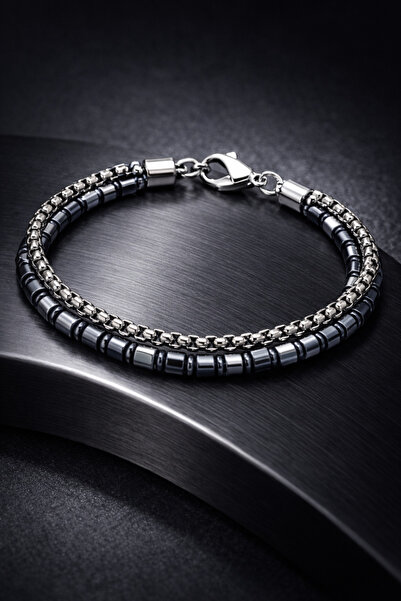 OSMANLI GÜMÜŞ Men's Steel Bracelet - Double Row Polo Chain Natural Hematite S...