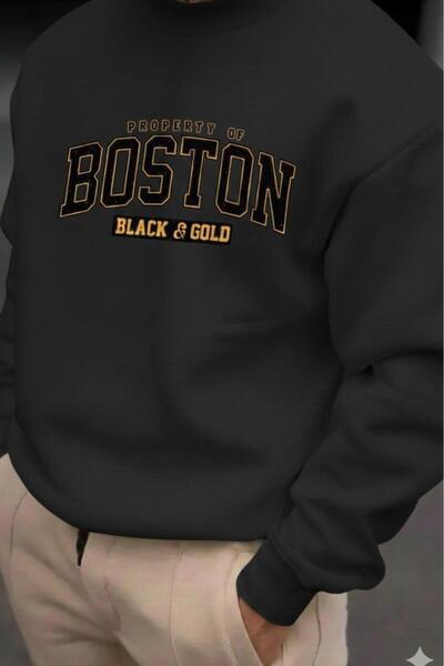 NO 601 Men's Smoked Crew Neck Hoodless Boston Black Printed Sweatshirt