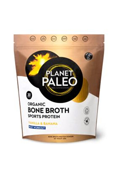 Planet Paleo مسحوق بروتين رياضي عضوي مرق العظام لما بعد التمرين، بنكهة الفاني...