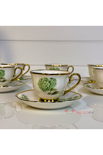 KirazEv Vintage Yeşil Çiçekli Porselen Kahve Fincanı – 6’lı Set