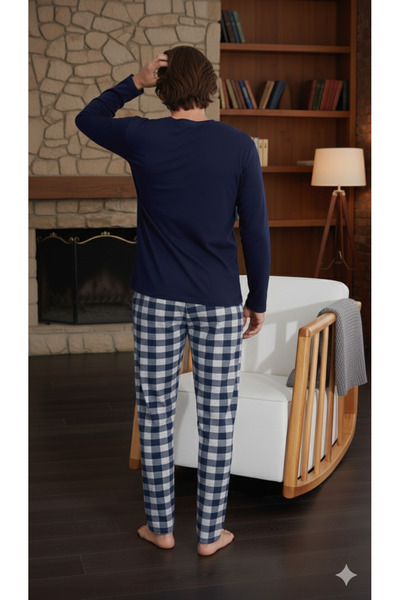 Ayans Pijama Süprem (İnce) Uzun Kollu Düğmeli Ekoseli Erkek Pijama Takımı