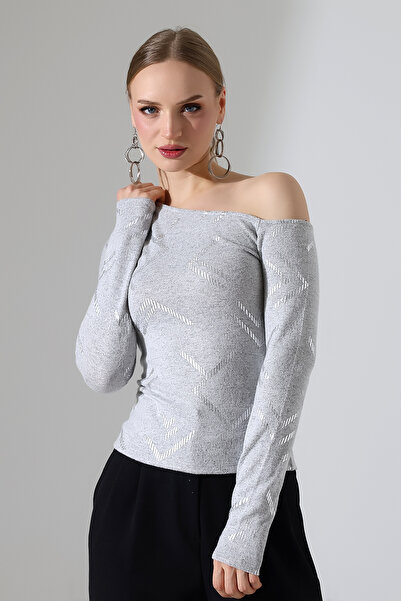DİVİSTA Women's Gray One Shoulder Glitter Long Sleeve Printed Blouse