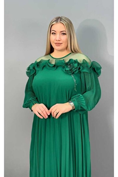 Diva Exclusive Fashion Rochie Midi Verde Elegantă cu Volane și Aplicații Florale – Mărimi Mari