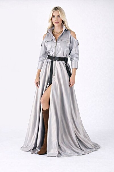 ALYEL NAKER Front Zipper & Off-The-Shoulder Maxi Length Special Design Gray C...