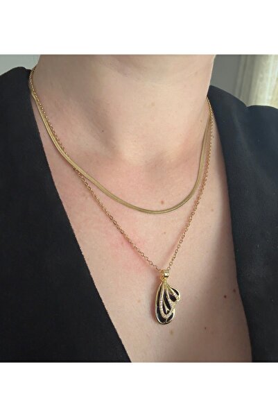 mibrillo Steel Double Necklace (Italian Chain and Gold Black Plate Detailed Butterfly Pendant) 2-Piece Charm Necklace