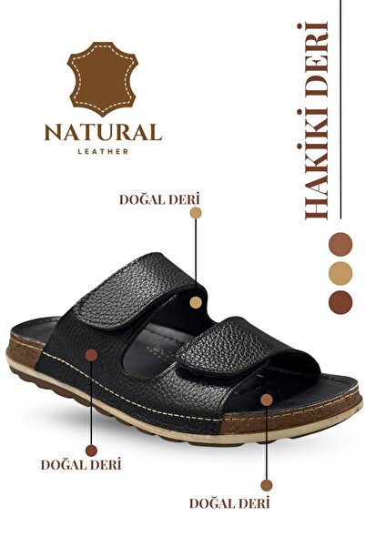 lil amore Sermoda Double Velcro Genuine Leather Men's Slippers Natural Leather Slippers C Black