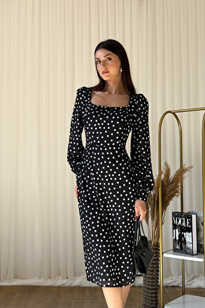 Klex Puantiyeli Kare Yaka Uzun Kollu Şık Midi Elbise