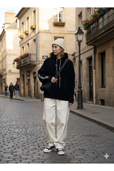 Miss BuBu Collection Unisex İtalyan Kolları Çizgili Kadife Oversize Sweatshirt