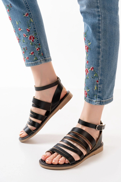 idimilla 205-041 Black Orthopedic Genuine Leather Women's Sandals