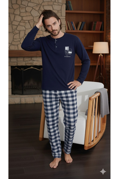 Ayans Pijama Süprem (İnce) Uzun Kollu Düğmeli Ekoseli Erkek Pijama Takımı