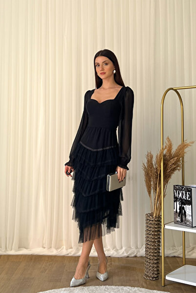 Klex Sweetheart Neckline Chiffon Sleeves Tulle Skirt Midi Evening Dress