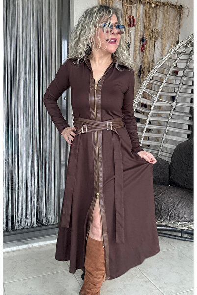 Dila Butik Deri Detay Fermuarlı Elbise