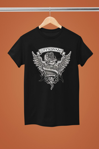 MAGORS تي شيرت روك أبيض مطبوع عليه فرقة WHITE SNAKE، قطن بأكمام قصيرة وقصة عادية