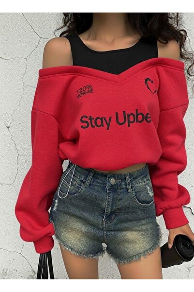 Afri Women's Red Fleece-Lined Double-Sided Sweatshirt - O Oversized Sweat with Strap Tank Top Detail