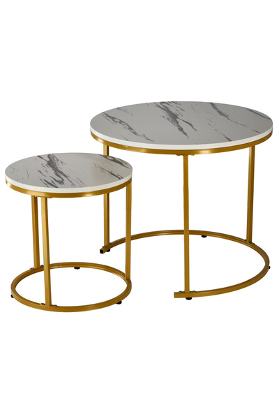 SERSIMO Set de 2 măsuțe de cafea suprapuse, MDF și metal, 60x50 cm și 40x40 cm, marmură albă și aurie