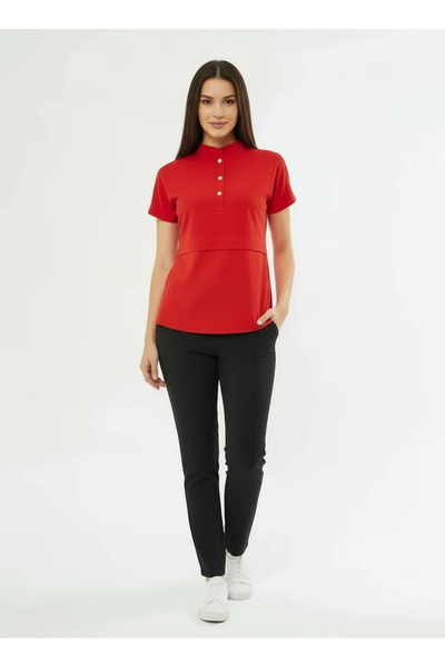 Class Üniforma Nova - Red Black Straight Leg Women's Stretch Fabric Judge Collar Snap Fastener Flexible Nurse Scrubs