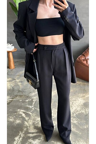 My Blog Black Oversized Pile Detailed Trousers - 98612