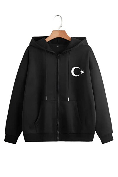 CAST COLLECTİON سترة يونيسكس سوداء بعلم تركيا مع مطبوع سحابات بغطاء رأس
