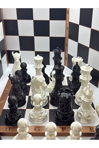 troyaart3d Dragon Figürlü Satranç Takımı – Siyah & Beyaz Ejderha Taşlı Dekora...
