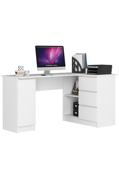 SERSIMO Right corner desk in L shape with 3 drawers and shelves, 16 mm laminated chipboard, 155x85x77 cm