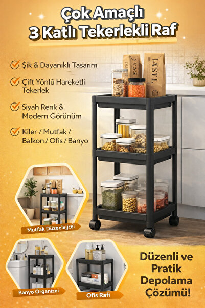 DrBambu Çok Amaçlı 3 Katlı Tekerlekli Banyo Raf Ünitesi Düzenleyici